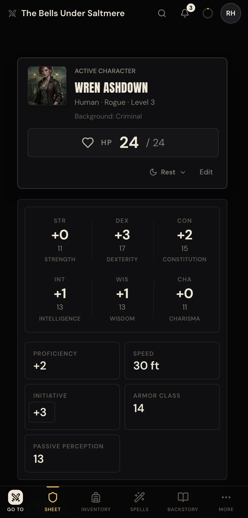 A character sheet on a phone: Wren Ashdown, human rogue, level 3