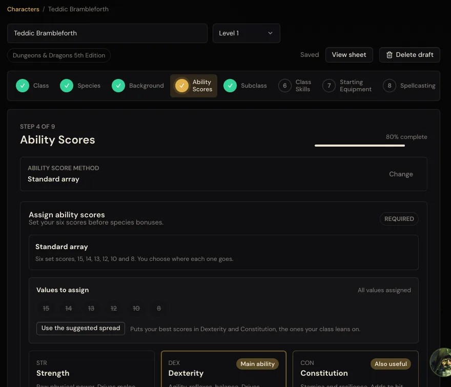 The row of numbered steps along the top, with Class, Species, Background, Ability Scores and Subclass ticked, and the Ability Scores step open showing the standard array and a Use the suggested spread button.