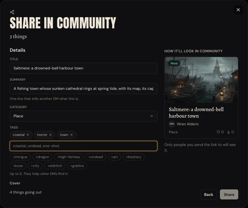 Details. Title Saltmere, a drowned-bell harbour town, a one-line summary, category Place, tags coastal, horror and town, and a preview of the card beside the form.