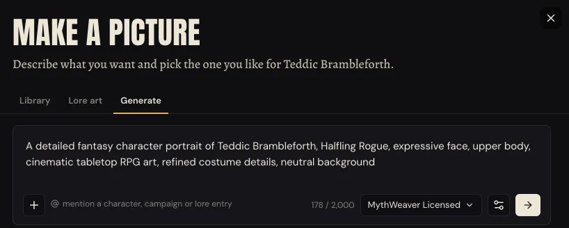 The Make a picture window on its Generate tab, with the prompt already written from the character sheet, the artist picker set to MythWeaver Licensed, and the gear that holds the rest of the settings.