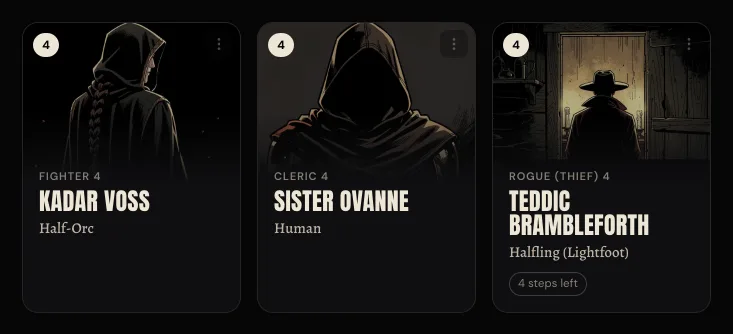 The Hollow Verge roster: Kadar Voss, Sister Ovanne, and the newly imported Teddic Brambleforth, Rogue (Thief) 4, Halfling (Lightfoot).