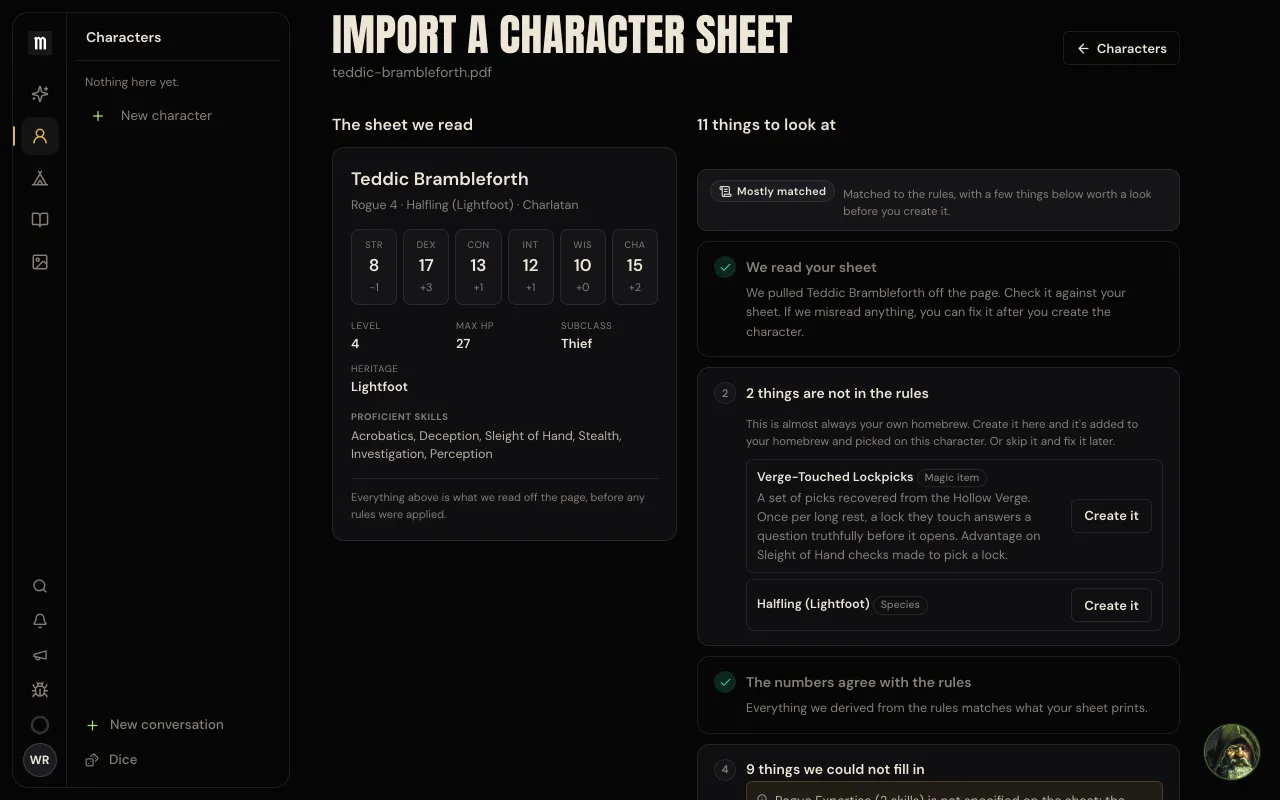 The import review page. Left: the sheet as read, Teddic Brambleforth, Rogue 4, Halfling, with ability scores and skills. Right: numbered steps listing what was read, the two things not in the rules, and whether the numbers agree.