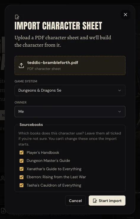 The Import character sheet dialog: a PDF chosen, Game system set to Dungeons and Dragons 5e, Owner set to Me, five sourcebooks all ticked, and a Start import button.