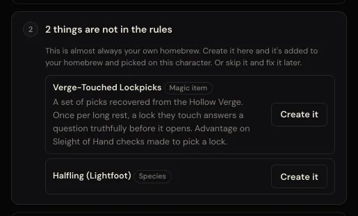 The homebrew step showing two things not in the rules, the Verge-Touched Lockpicks magic item and the Halfling (Lightfoot) species, each with a Create it button.