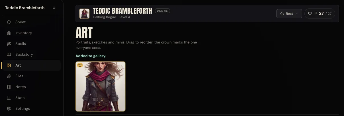 The character summary showing the new image beside the name, and below it the art tile carrying a crown badge.