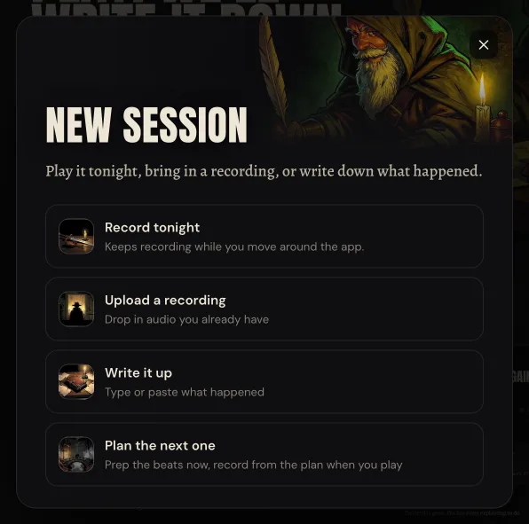 The New session panel offering four choices: Record tonight, Upload a recording, Write it up, and Plan the next one.