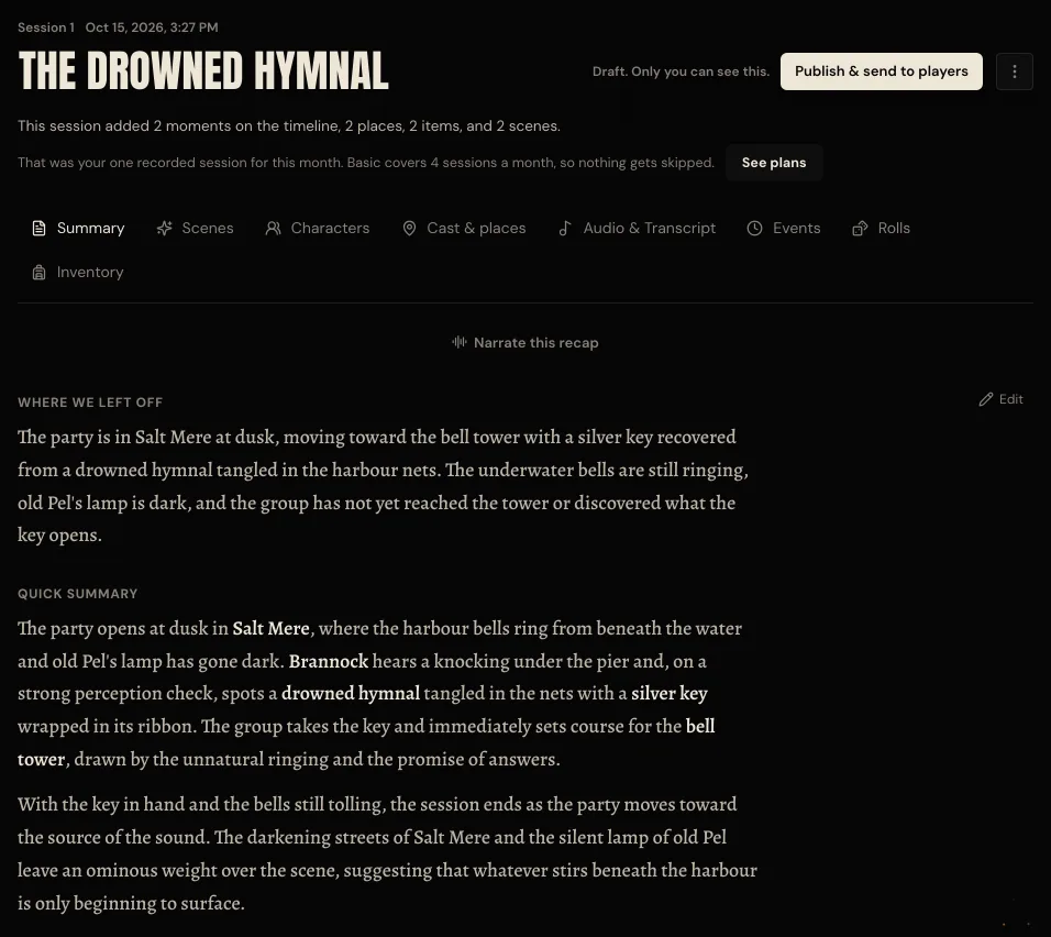 A finished session recap titled The Drowned Hymnal, marked Draft. Only you can see this, beside the Publish and send to players button, with sections for where we left off and a quick summary.