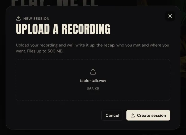 The Upload a recording panel with an audio file chosen, showing its name and size above the Create session button.