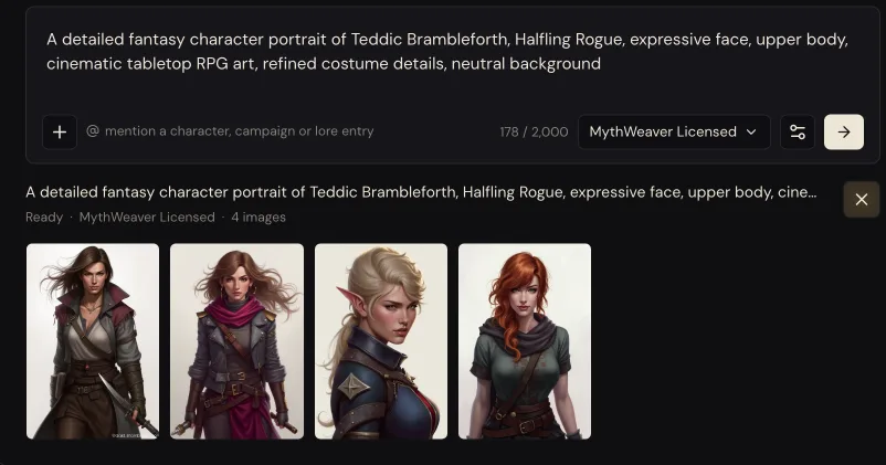 Four generated portraits of the same character side by side, above them the prompt and a line reading Ready, MythWeaver Licensed, 4 images.
