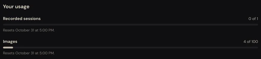 Your usage on the free plan. Recorded sessions reads 0 of 1, and Images reads as a count of images used against the 100 the free plan gives you.