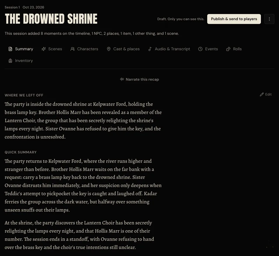 The finished draft. Session 1, Oct 23, 2026, titled The Drowned Shrine, with Draft. Only you can see this and Publish & send to players at the top. A line says the session added 8 moments on the timeline, 1 NPC, 2 places, 1 item, 1 other thing and 1 scene. Below, Where we left off and the Quick summary, telling the night at Kelpwater Ford with Brother Hollis Marr, Sister Ovanne, Teddic, Kadar and the Lantern Choir.